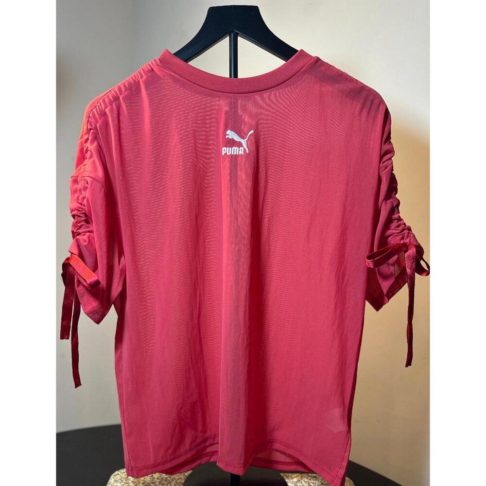 Puma Red Medium See-thru Mesh Top with Ribbon ties on sleeves